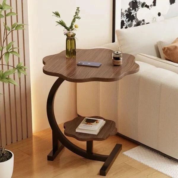 Table D’appoint En Bois Noyer, Design Pétale Avec Structure Métal Noire Et 2 Niveaux De Rangement
