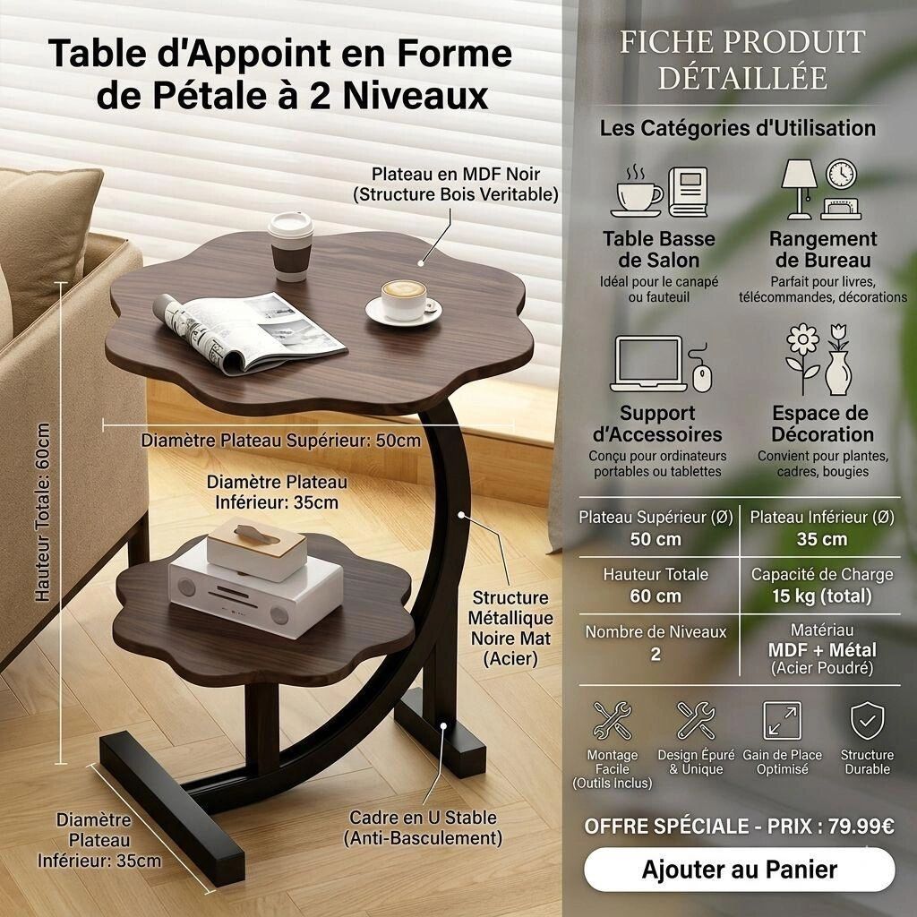 Table D’appoint En Bois Noyer, Design Pétale Avec Structure Métal Noire Et 2 Niveaux De Rangement thumbnail 3