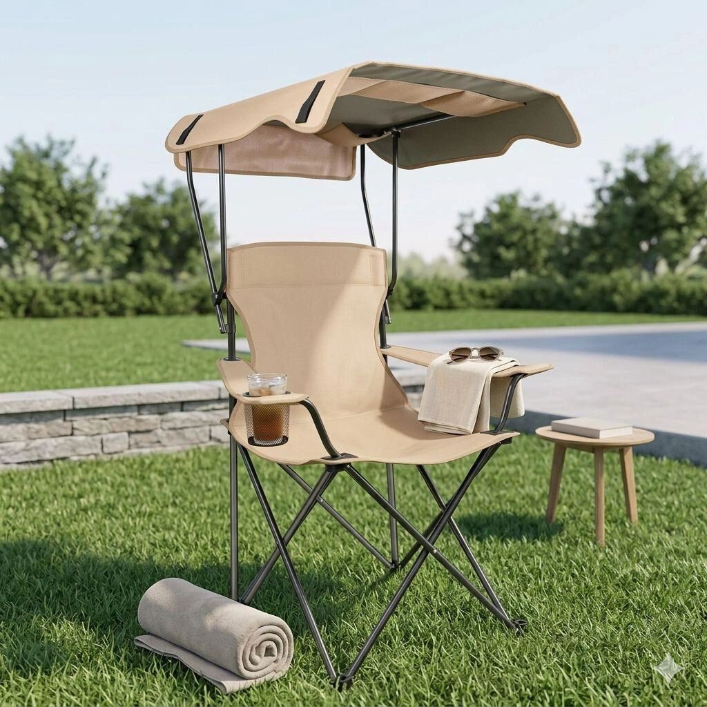 Chaise De Camping Pliante Avec Auvent Pare-soleil – Cadre Aluminium Et Porte-gobelet
