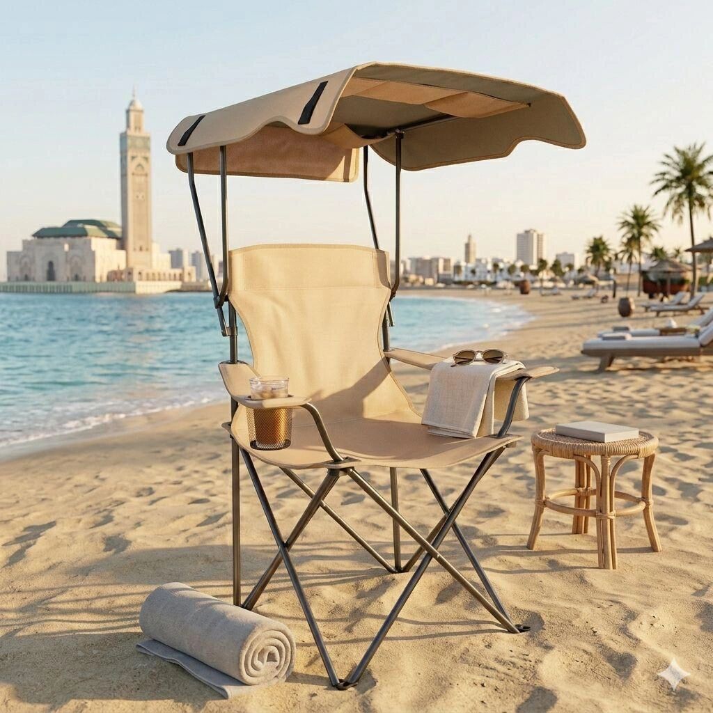 Chaise De Camping Pliante Avec Auvent Pare-soleil – Cadre Aluminium Et Porte-gobelet