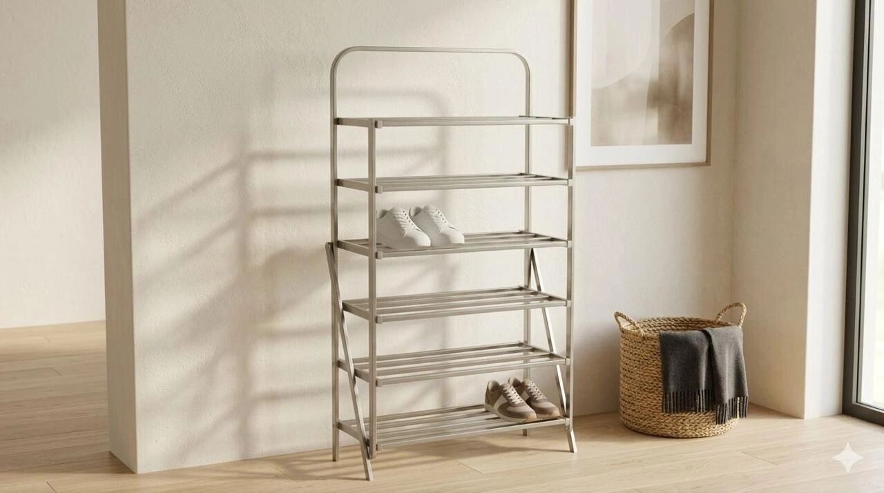 Étagère À Chaussures Pliante 5 Niveaux En Acier Inoxydable – Grande Capacité Argenté