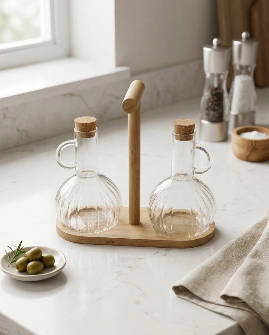 Set De 2 Huiliers En Verre Avec Support En Bambou Et Couvercles En Liège