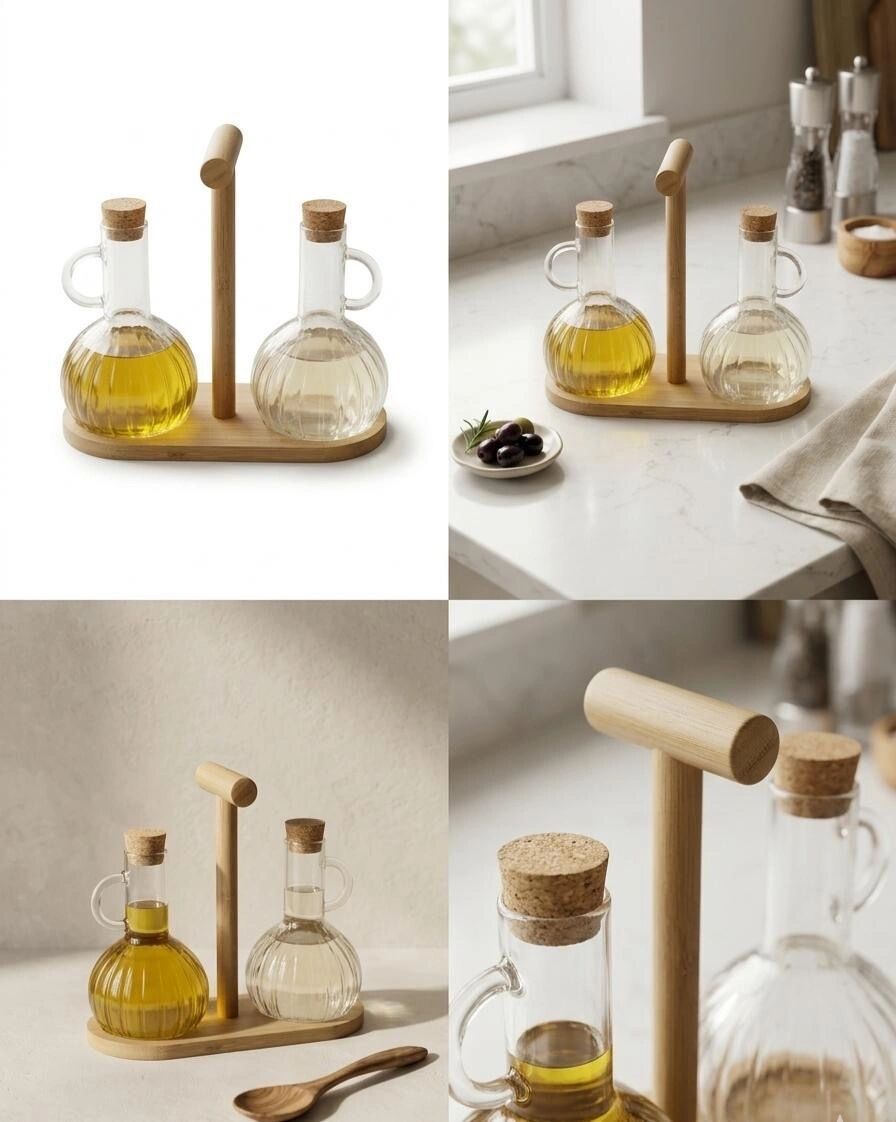 Set De 2 Huiliers En Verre Avec Support En Bambou Et Couvercles En Liège