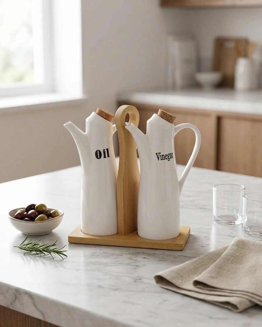 Set De 2 Huiliers En Porcelaine Blanche Avec Plateau En Bambou Et Couvercles En Liège