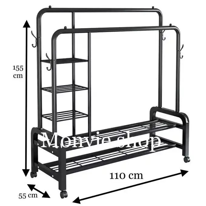 Porte-vêtements Professionnel En Métal À Double Pôle Étagère Fer Noir, Support