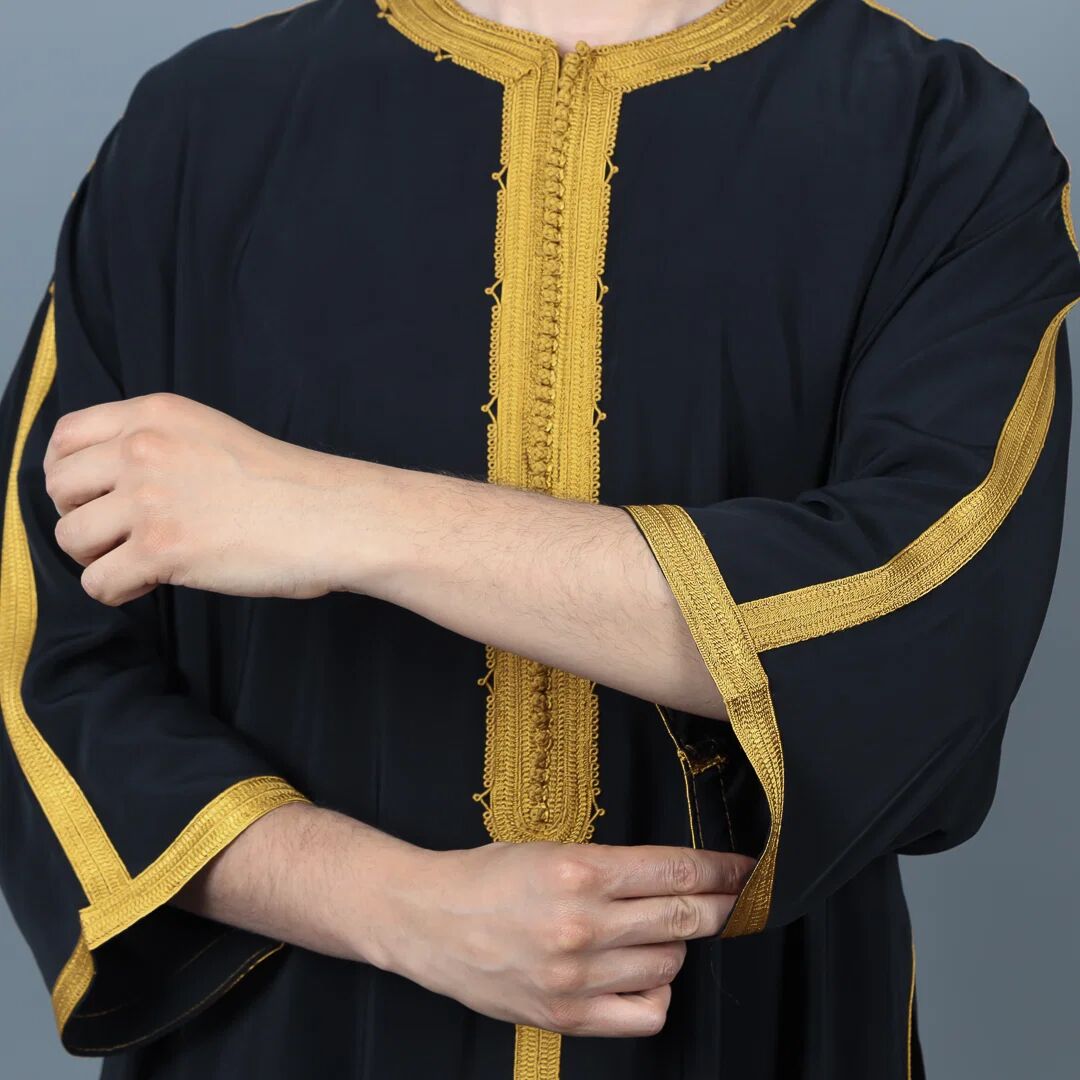 Gandoura Homme En Crêpe - Noire Et Dorée