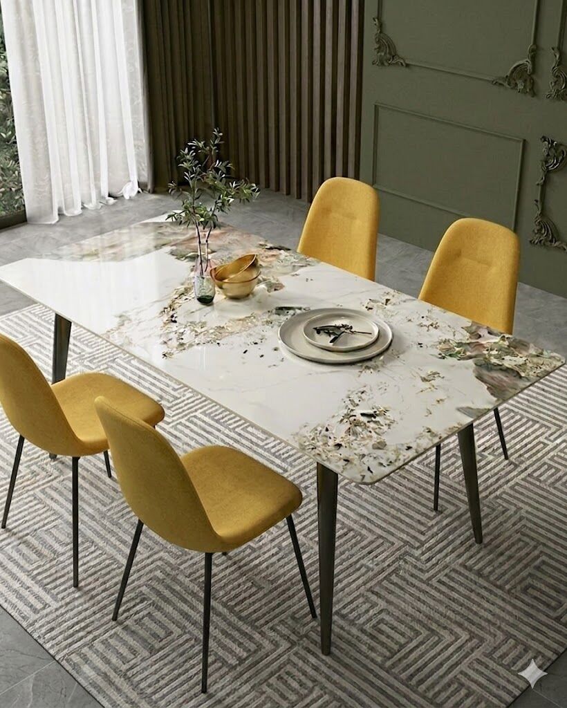 Pack Arthur – Table En Pierre Frittée Effet Marbre & 4 Chaises Renne Jaune