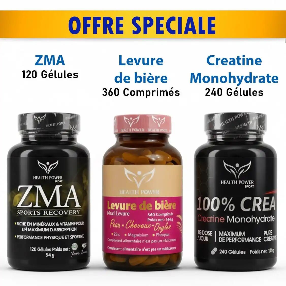 Pack = Zma 120 Gélules + Levure De Bière 360 Comprimés + Créatine Monohydrate 500mg 240 Gélules