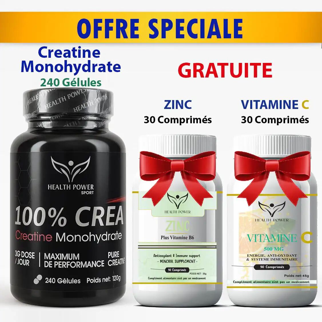 Pack = Créatine Monohydrate 500mg 240 Gélules + Gratuite Zinc 30 Comprimés + Vitamine 30 Comprimés