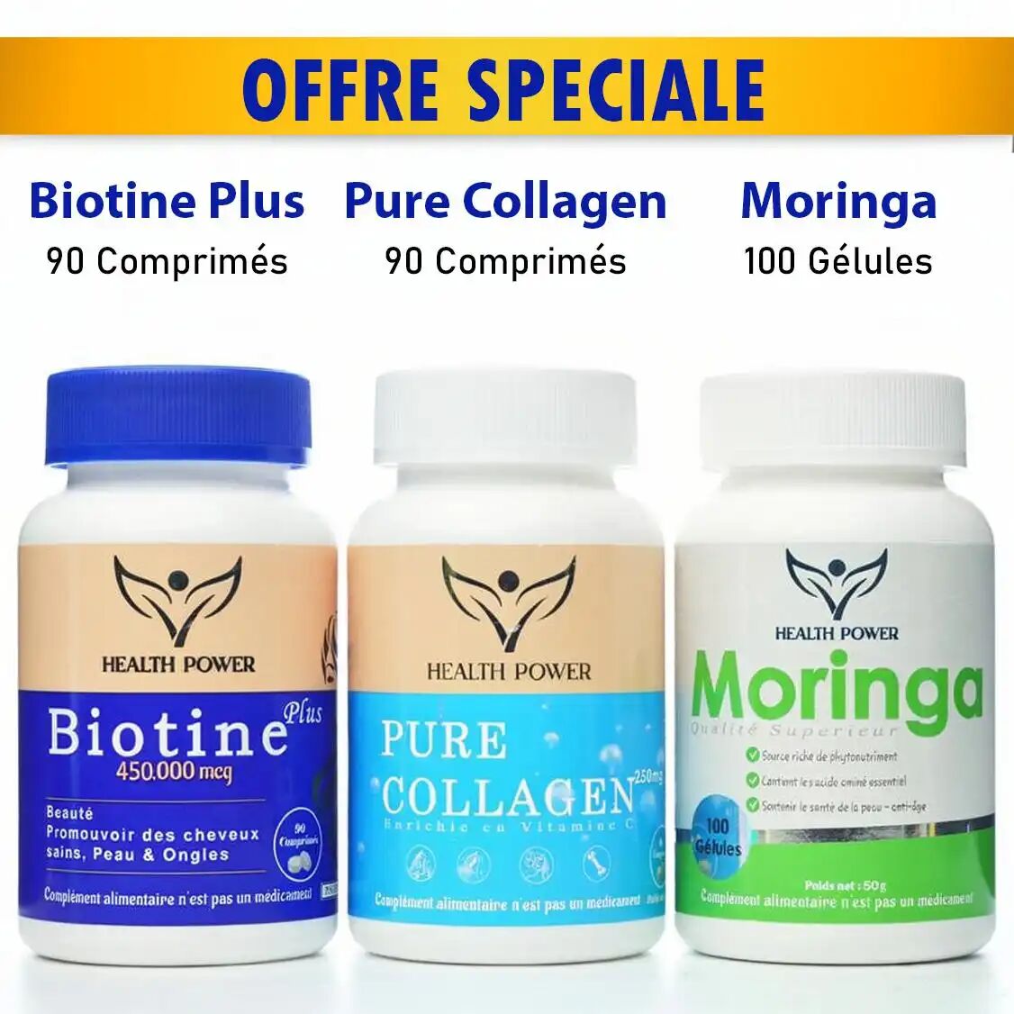 Pack = Biotine Plus 450,000 Mcg 90 Comprimés + Pure Collagen 90 Comprimés 250mg + Moringa 100 Gélules