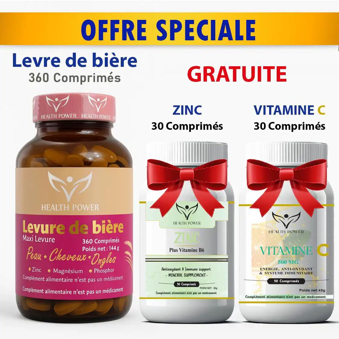 Pack Levure De Bière – Maxi Levure 360 Comprimés + Zinc 30 Comprimés Offert + Vitamine 30 Comprimés Offerte