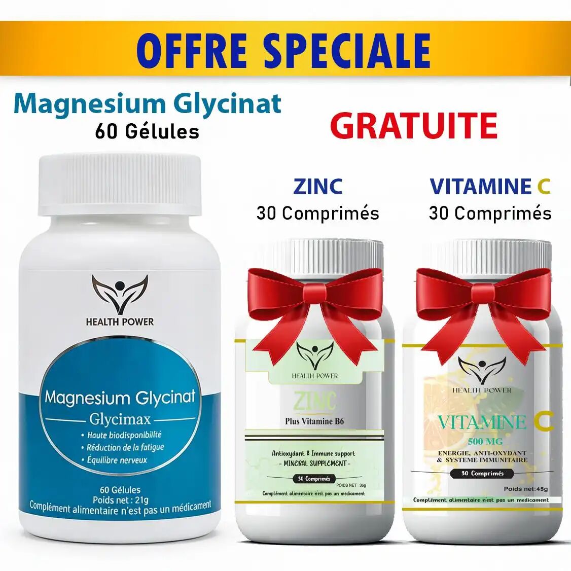 Pack Glycimax Magnésium Glycinate 60 Gélules 375 Mg + Zinc 30 Comprimés Offert + Vitamine C 30 Comprimés Offerte