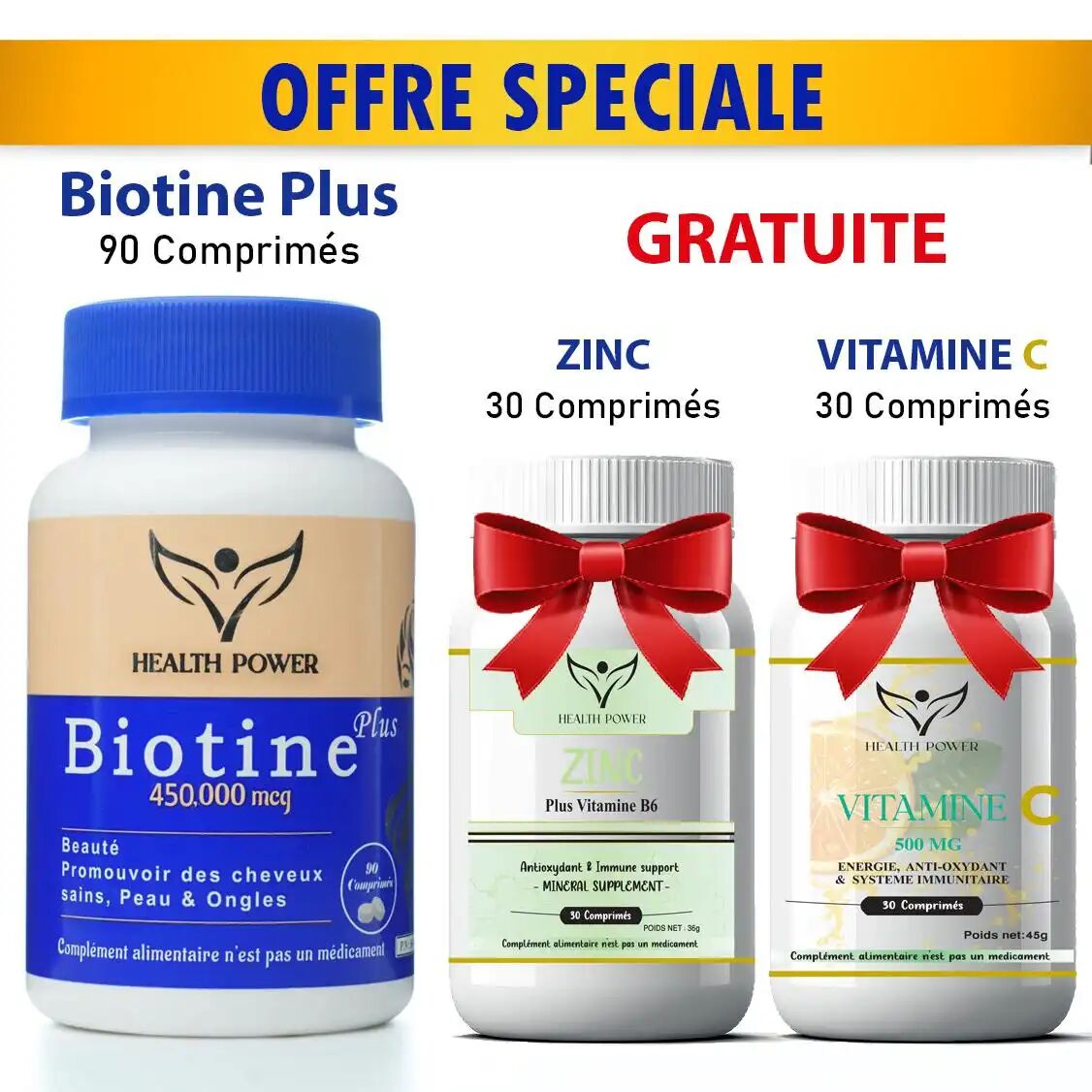 Pack Biotine Plus 450 000 Mcg 90 Comprimés + Zinc 30 Comprimés Offert + Vitamine C 30 Comprimés Offerte thumbnail 1