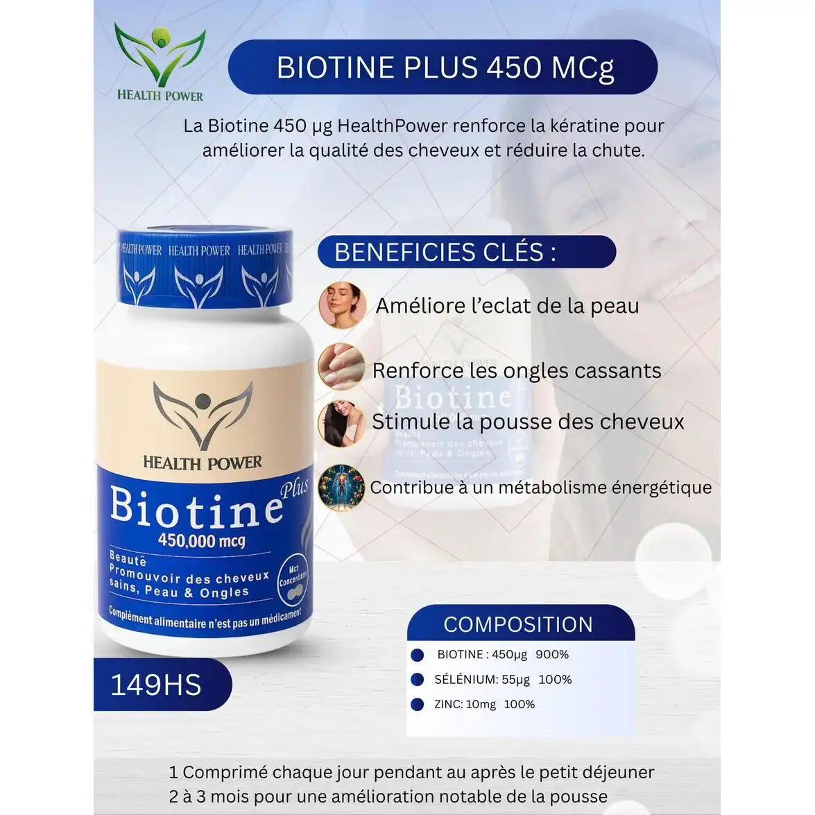 Pack Biotine Plus 450 000 Mcg 90 Comprimés + Zinc 30 Comprimés Offert + Vitamine C 30 Comprimés Offerte thumbnail 3