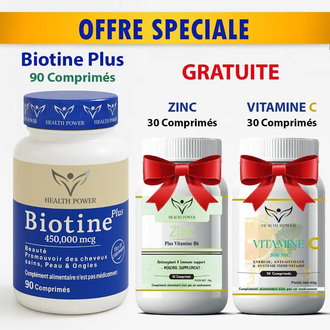 Pack Biotine Plus 450 000 Mcg 90 Comprimés + Zinc 30 Comprimés + Vitamine C 30 Comprimés Gratuits