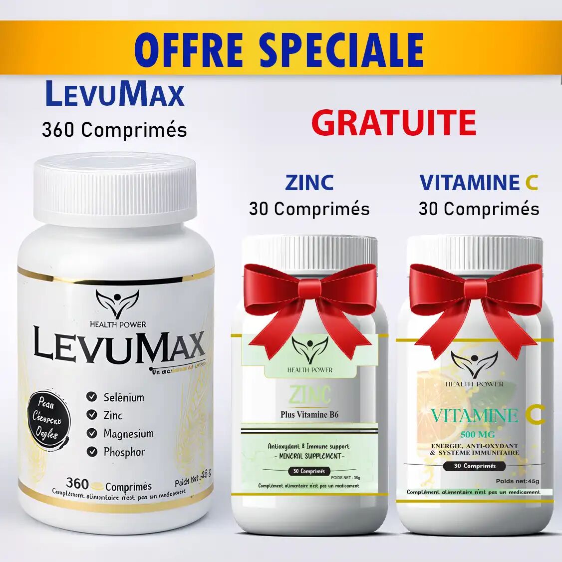 Pack = Levumax ( Levure De Bière ) 360 Comprimés + Gratuite Zinc 30 Comprimés + Vitamine C 30 Comprimés