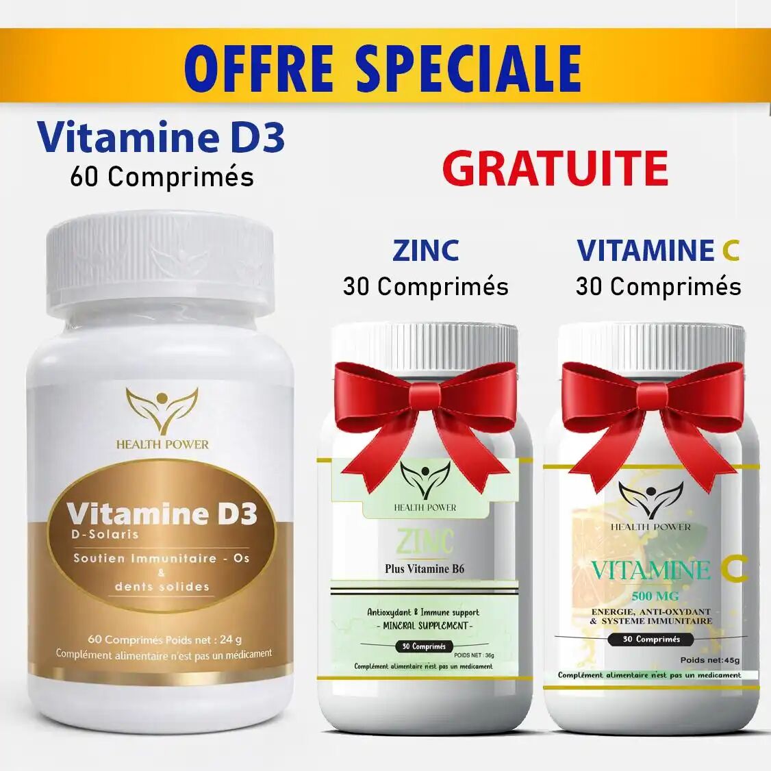 Pack = Vitamine D3 60 Comprimés + Gratuite Zinc 30 Comprimés + Vitamine C 30 Comprimés