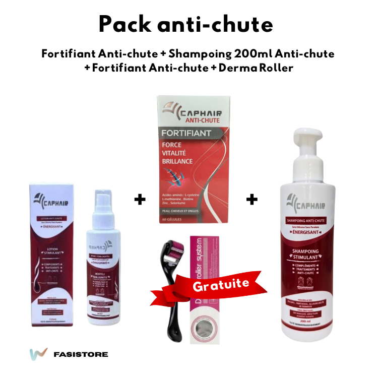 Collection Anti-chute Caphair, Shampoing 200ml + Fortifiant 60 Gélules + Lotion Stimulant + Derma Roller Gratuite