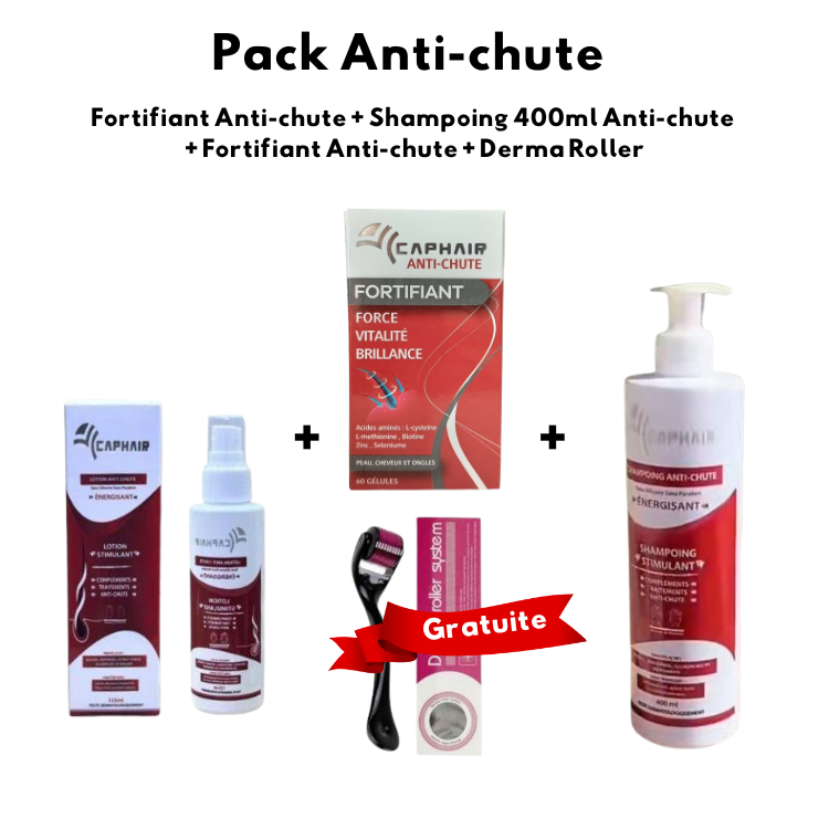 Collection Anti-chute Caphair, Shampoing 400ml + Fortifiant 60 Gélules + Lotion Stimulant + Derma Roller Gratuite