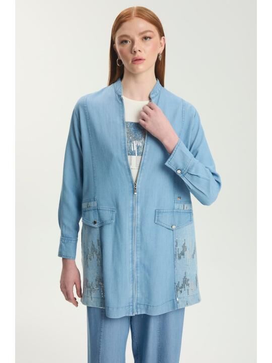 Ensemble Veste En Jean Coupe Décontractée Bleu Clair Et T-shirt Imprimé Tk-1577 thumbnail 2