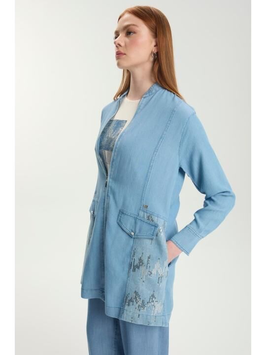 Ensemble Veste En Jean Coupe Décontractée Bleu Clair Et T-shirt Imprimé Tk-1577 thumbnail 4