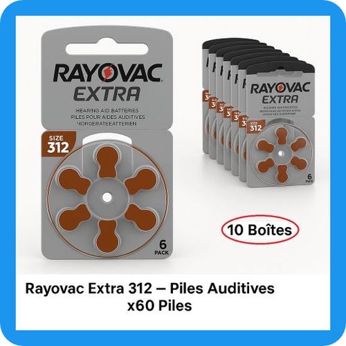 Rayovac Extra 312 – Piles Auditives Zinc-air (x60 Piles – Lot De 10 Boîtes) – Longue Durée – Appareils Auditifs