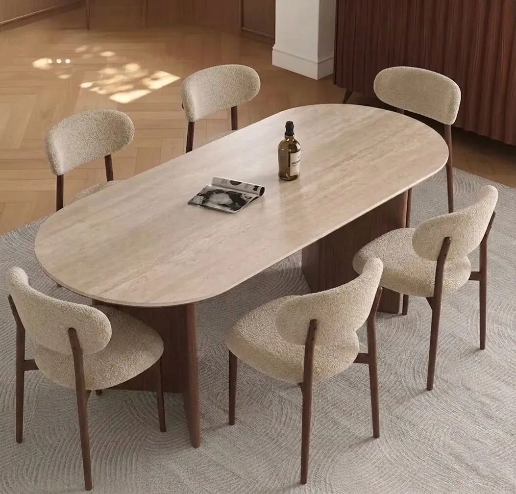 Pack Laura – Table Ovale De Luxe En Pierre Frittée & 6 Chaises Amandine Beige Bouclé