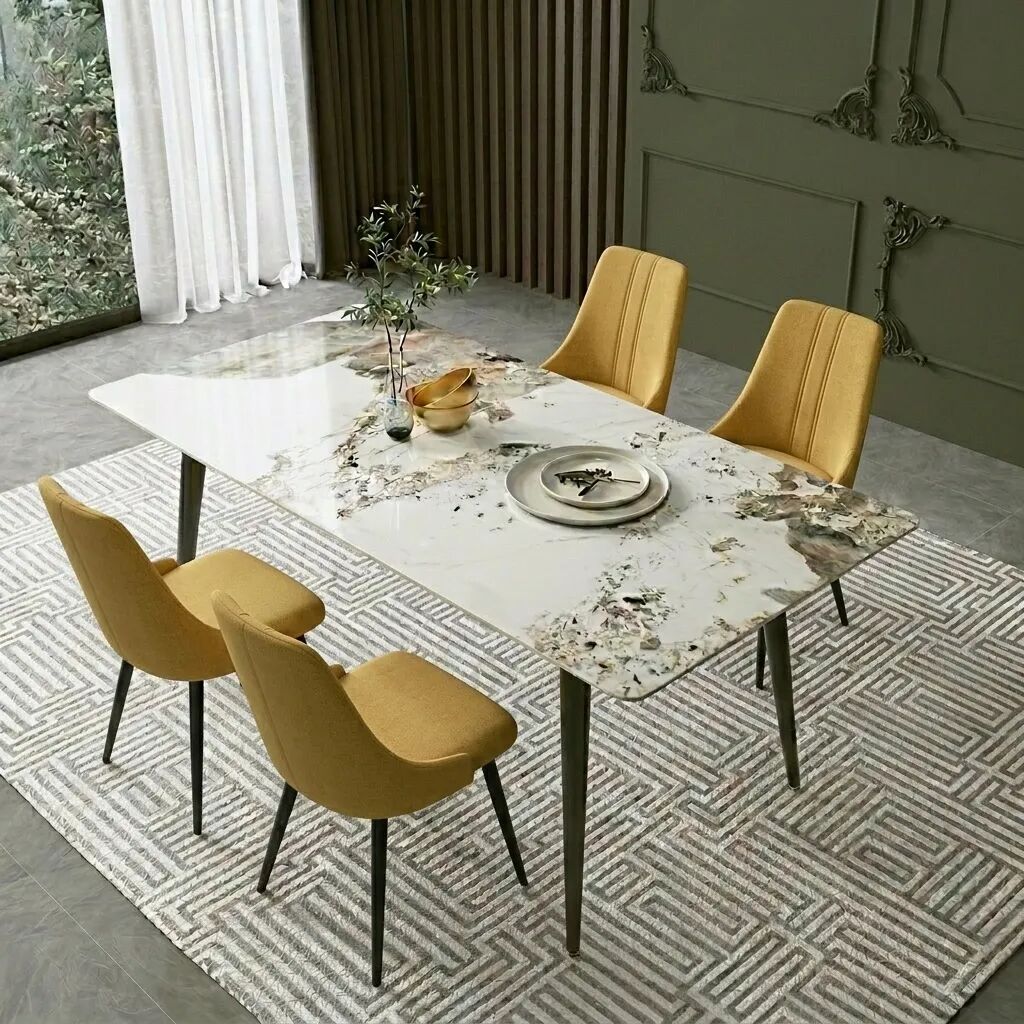 Pack Arthur – Table En Pierre Frittée Effet Marbre & 4 Chaises Mani Jaune Moutarde