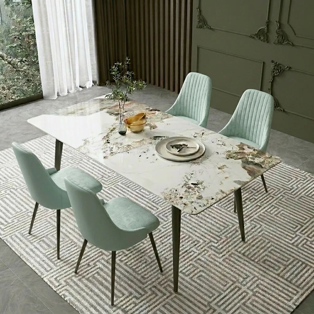 Pack Arthur – Table En Pierre Frittée Effet Marbre & 4 Chaises Pivotantes Elma Turquoise (vert Menthe)