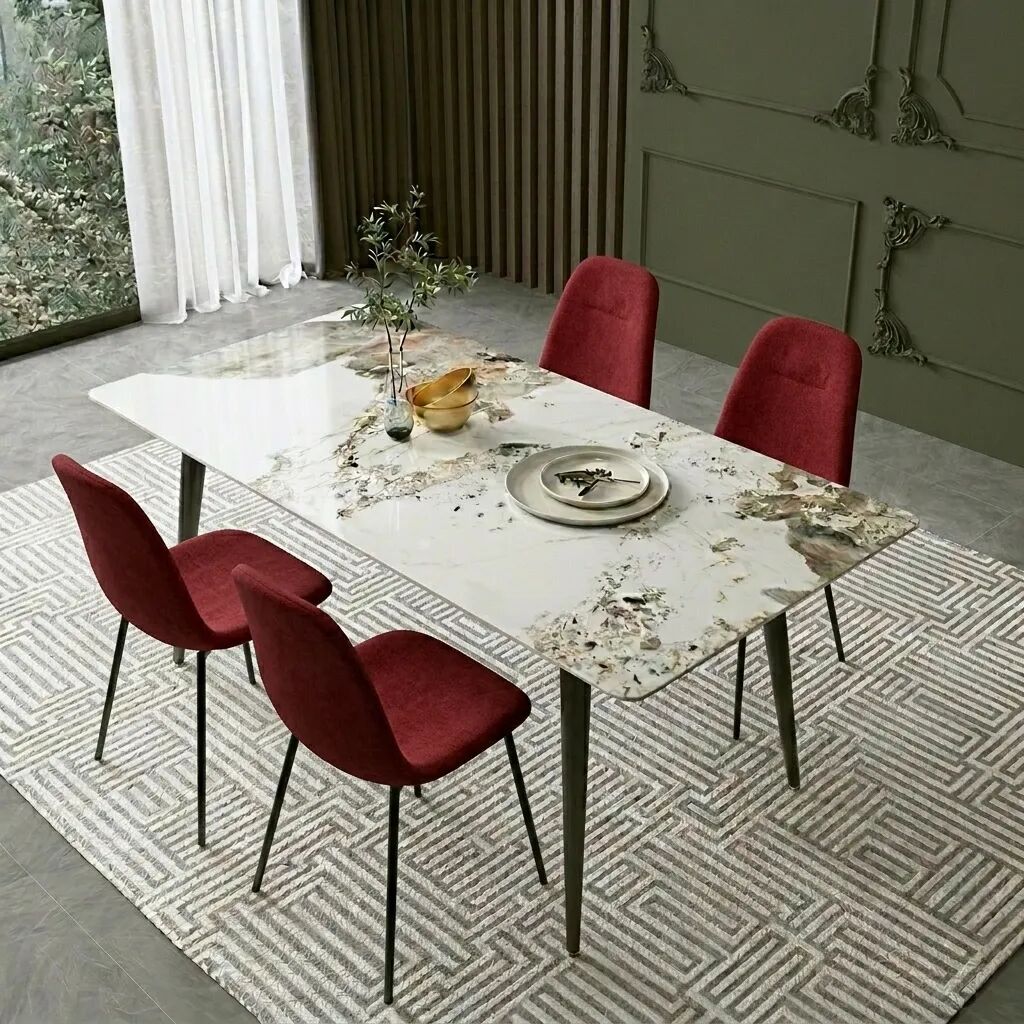 Pack Arthur – Table En Pierre Frittée Effet Marbre & 4 Chaises Renne Rouge