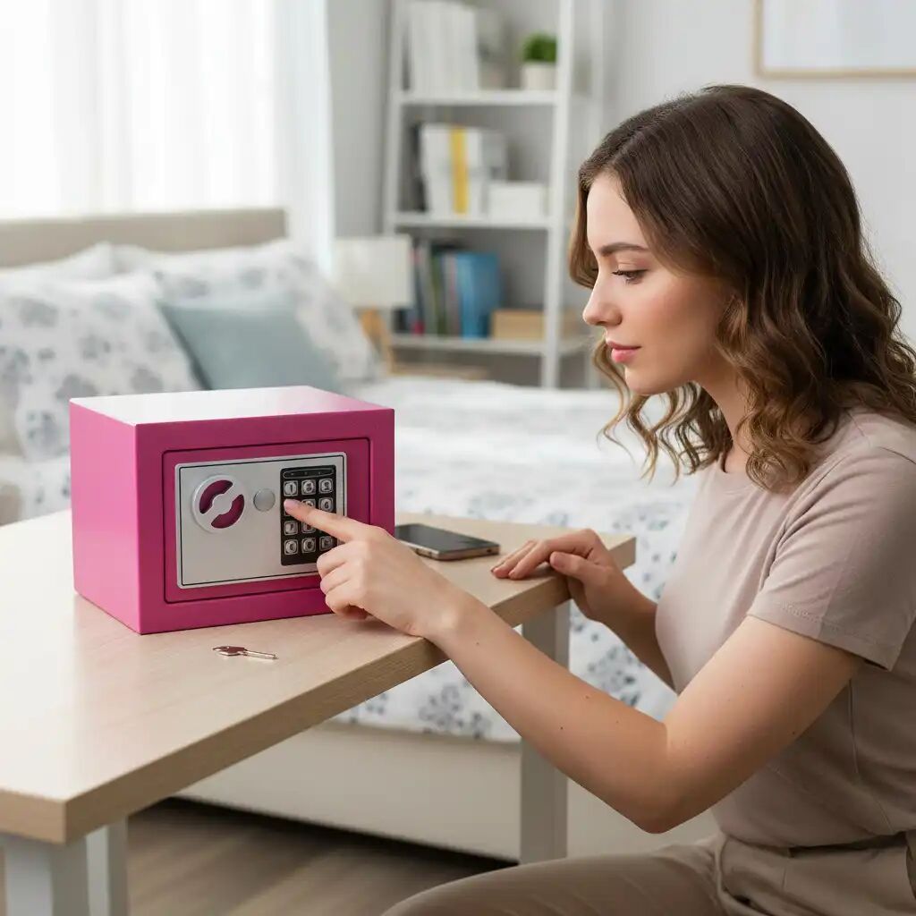 Coffre-fort - Numérique - Acier Métallique - Clé - Rose - Sécurisé thumbnail 4