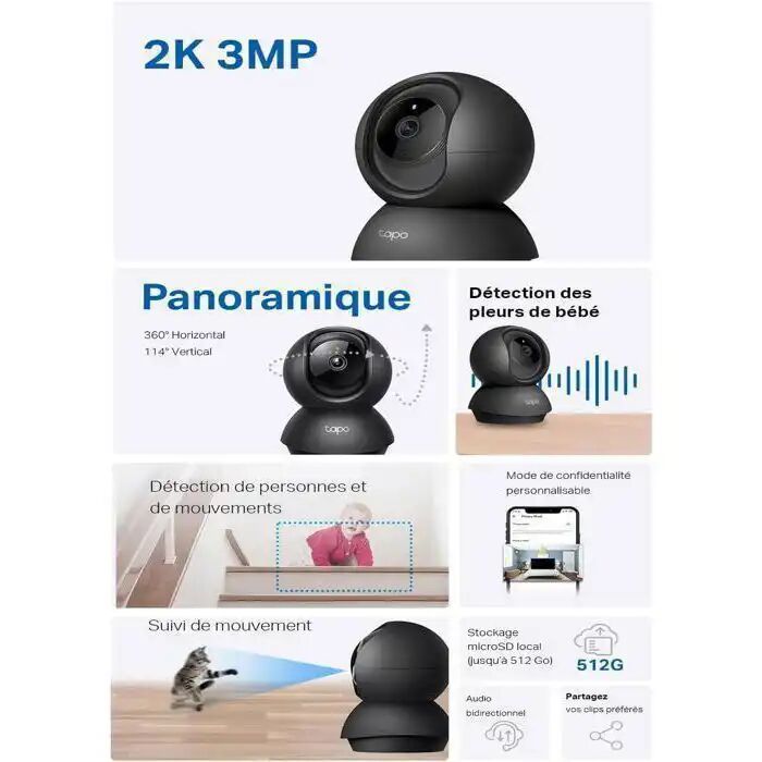 Caméra Surveillance Wifi Intérieure 2k(3mp) 360° - C211 - Vision Nocturne - Détection De Personne - Suivi De Mouvement