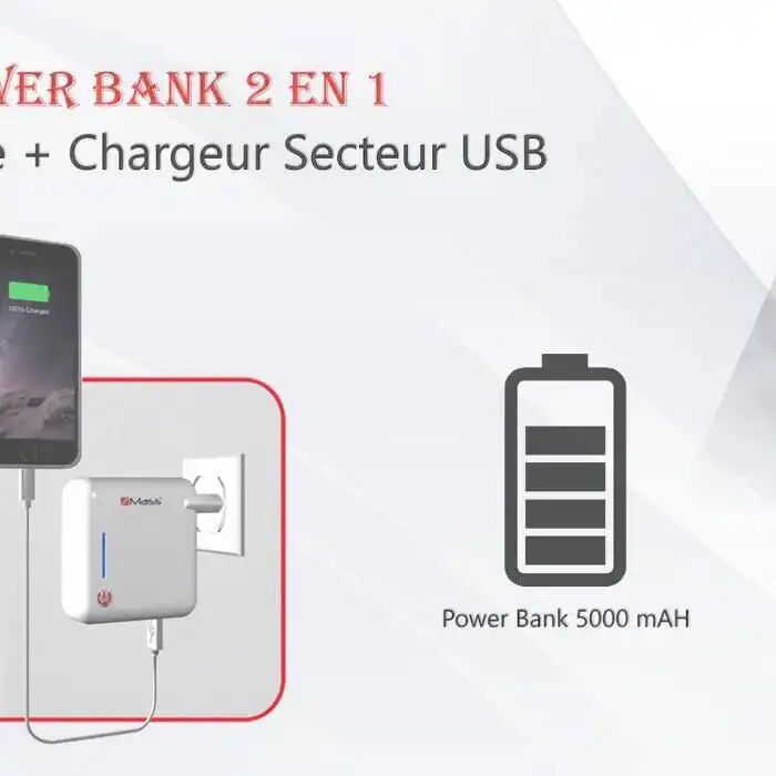 2-in-1 Power Bank 5000 Mah ( Batterie Externe + Chargeur)