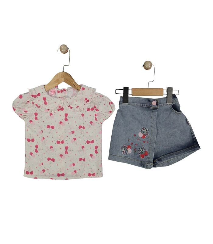 Ensemble En Jean Avec Short-jupe Et Motif Cerise