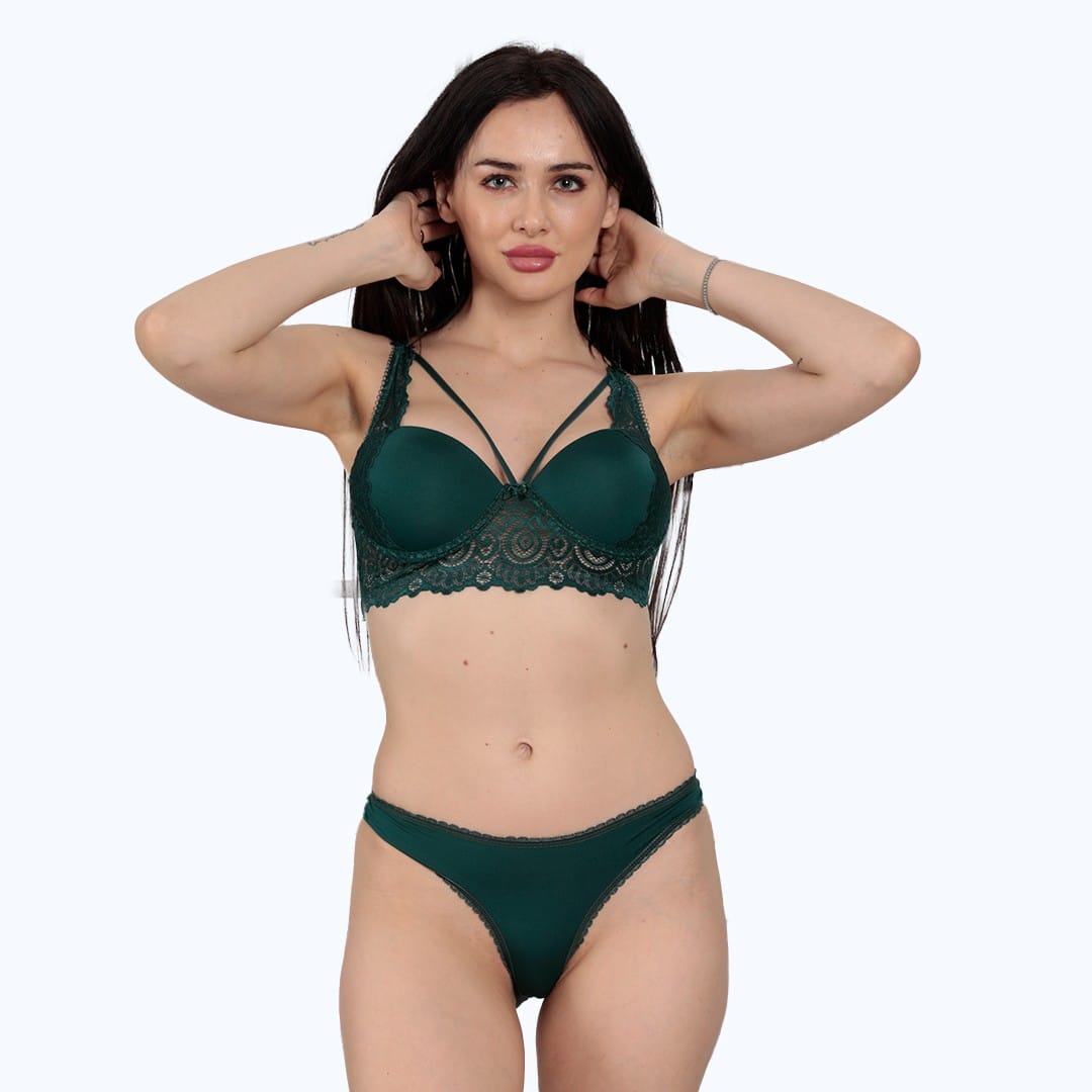 Ensemble Soutien-gorge Push-up En Dentelle - Vert Émeraude thumbnail 1