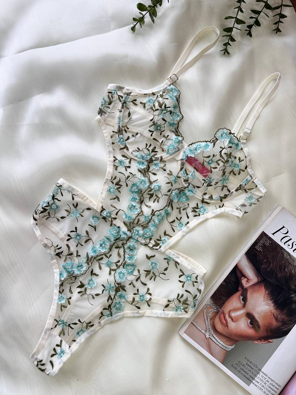 Body En Dentelle Découpée - Bleu