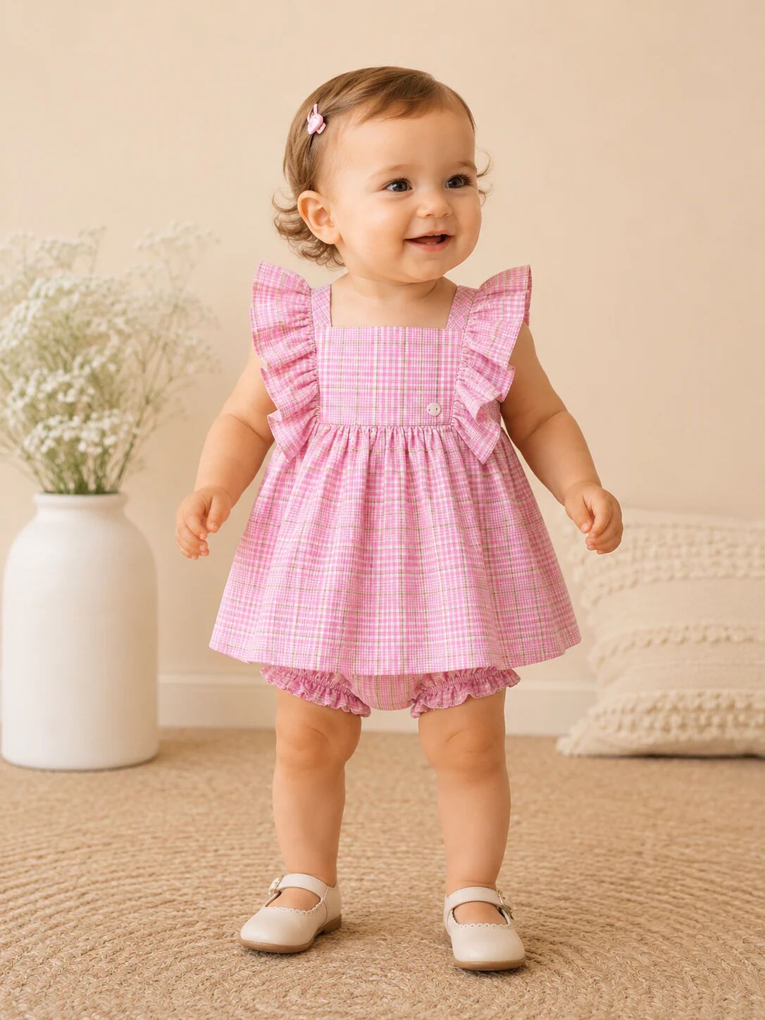 Ensemble Bébé Fille 2 Pièces – Robe À Carreaux Rose & Bloomer Assorti thumbnail 1