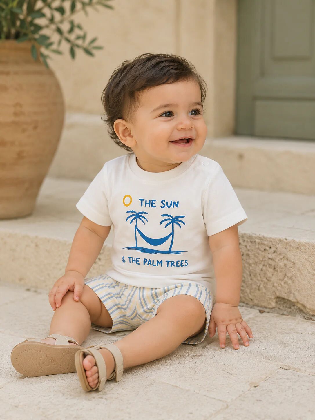Ensemble Bébé Garçon « The Sun & The Palm Trees » – T-shirt & Short Rayé thumbnail 2