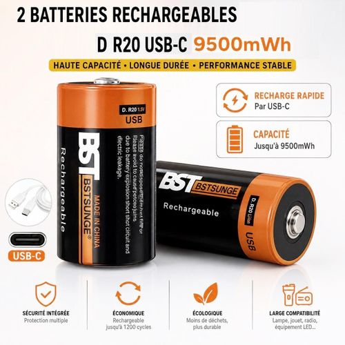 2 Batteries Rechargeables D R20 Usb-c 1.5v 9500mwh Li-ion Pour Lampe Radio Jouet Led