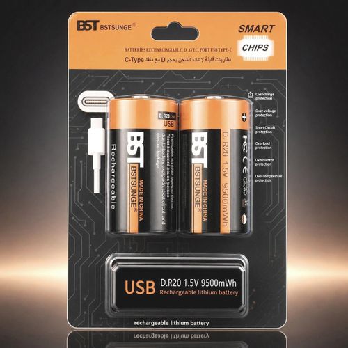 2 Batteries Rechargeables D R20 Usb-c 1.5v 9500mwh Li-ion Pour Lampe Radio Jouet Led thumbnail 3