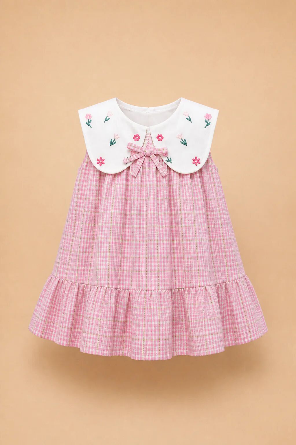 Robe Bébé Fille À Carreaux Roses Avec Col Brodé thumbnail 1