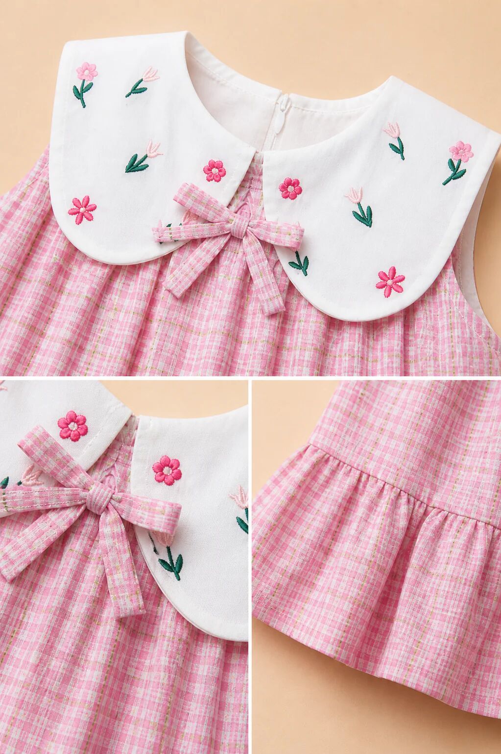 Robe Bébé Fille À Carreaux Roses Avec Col Brodé thumbnail 4