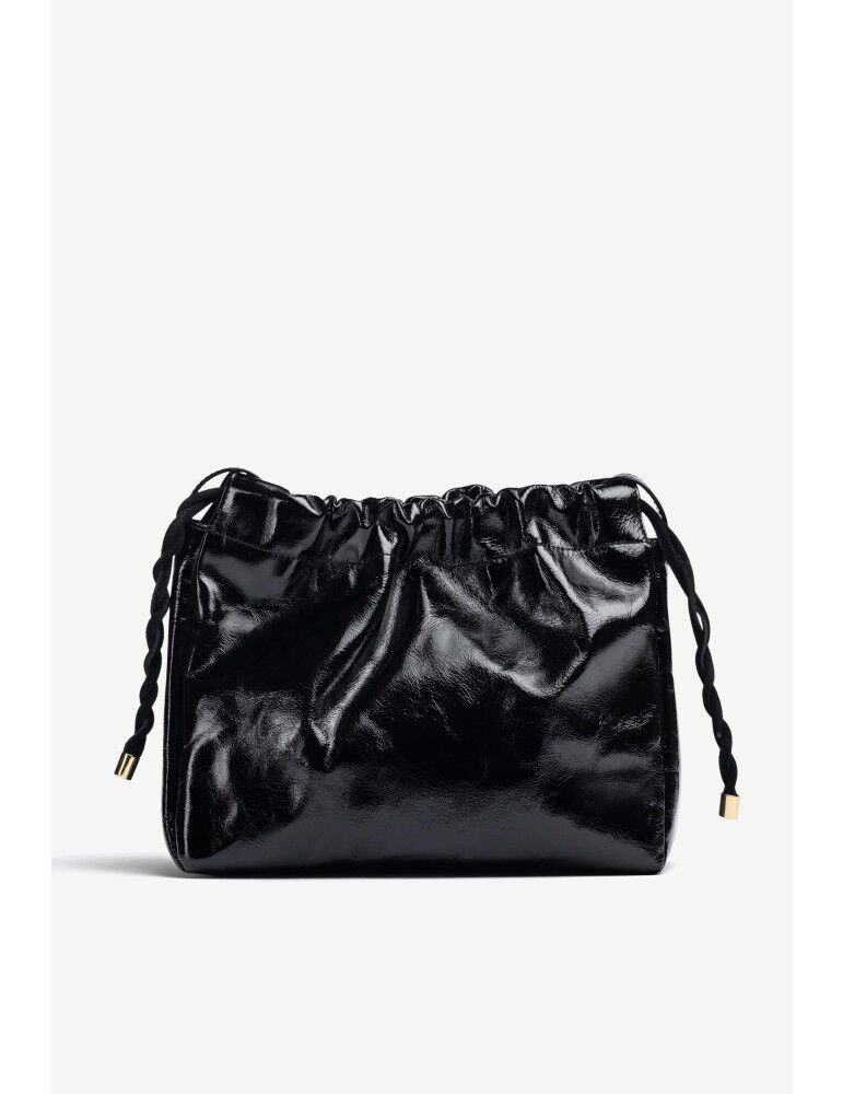 Sac À Main En Cuir Verni Noir Froissé