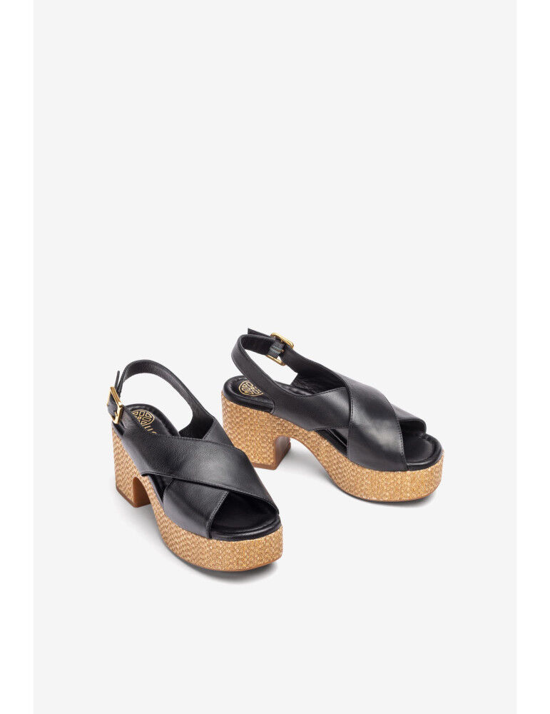 Sandales À Lanières Croisées Et Talon En Raphia En Cuir-black Noires