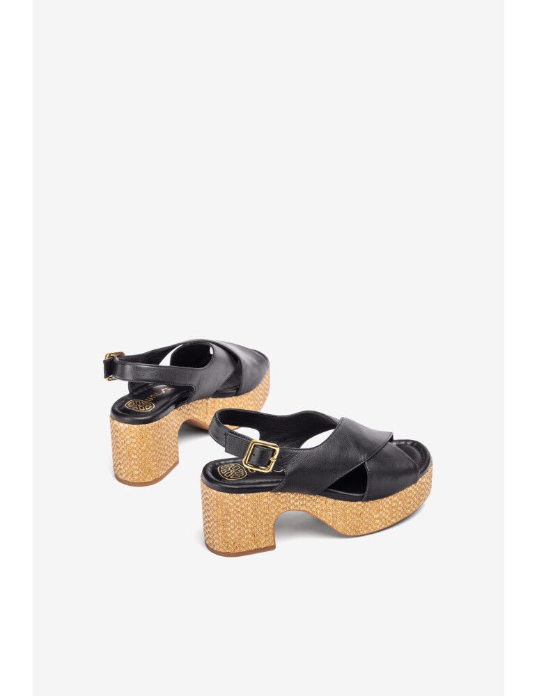 Sandales À Lanières Croisées Et Talon En Raphia En Cuir-black Noires thumbnail 3