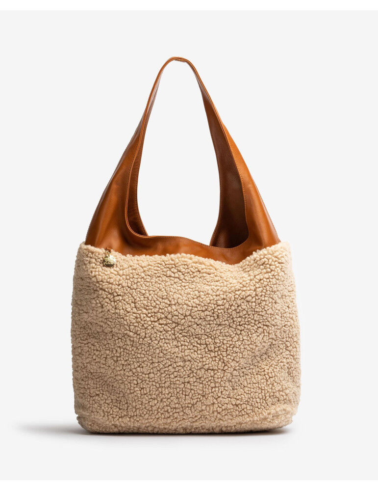 Grand Sac En Tissu Bouclette Et Cuir Marron