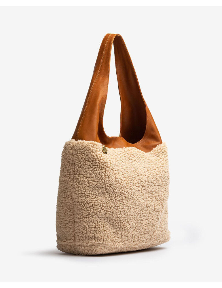 Grand Sac En Tissu Bouclette Et Cuir Marron