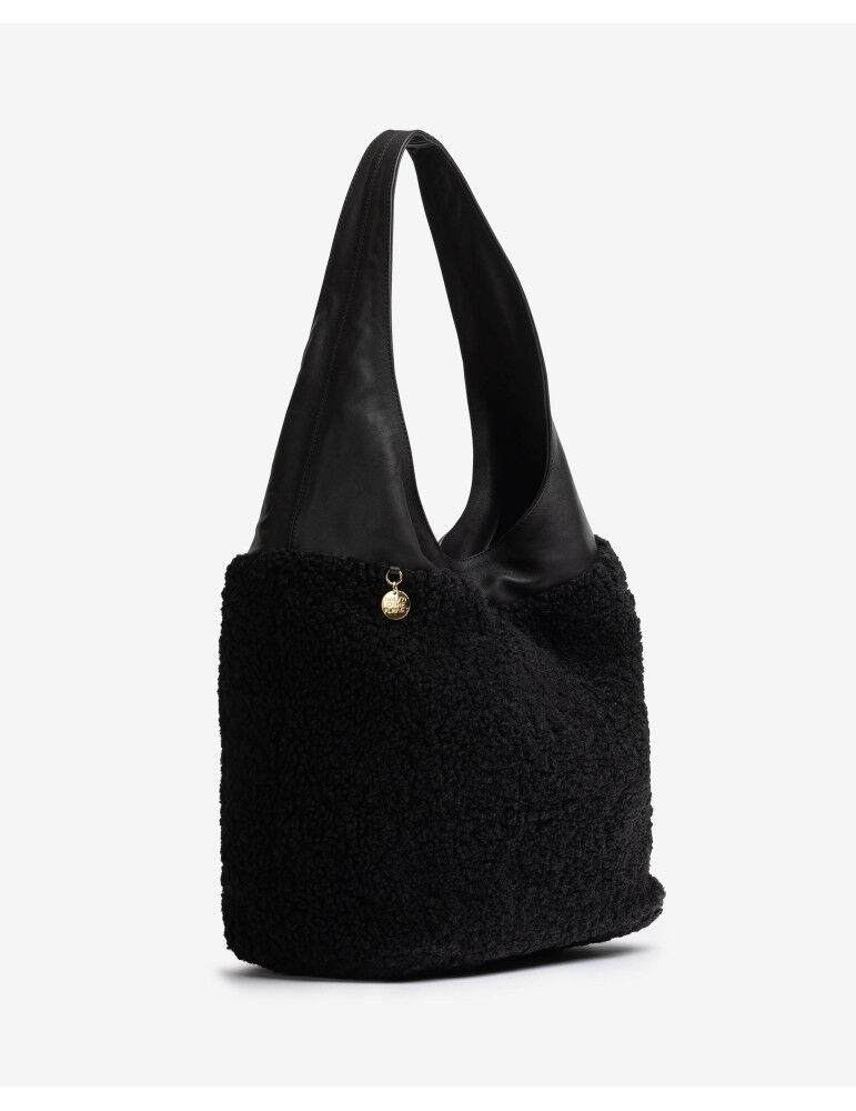 Grand Sac En Tissu Bouclette Et Cuir Noir