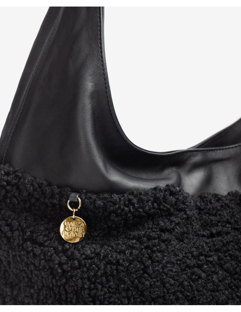 Grand Sac En Tissu Bouclette Et Cuir Noir