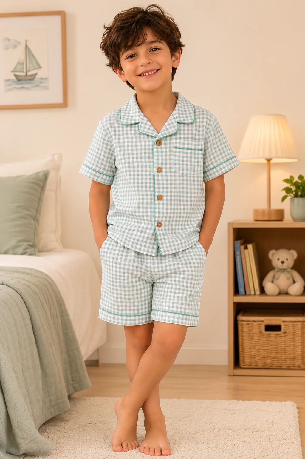 Pyjama Garçon 2 Pièces – Chemise & Short À Carreaux